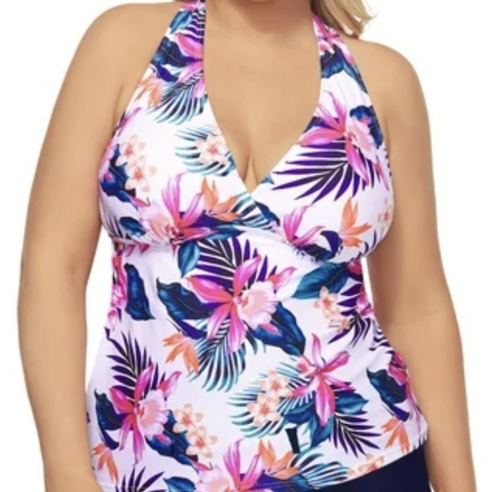 Island Escape Tropical Print Halter Underwire Tankini Top White 20W